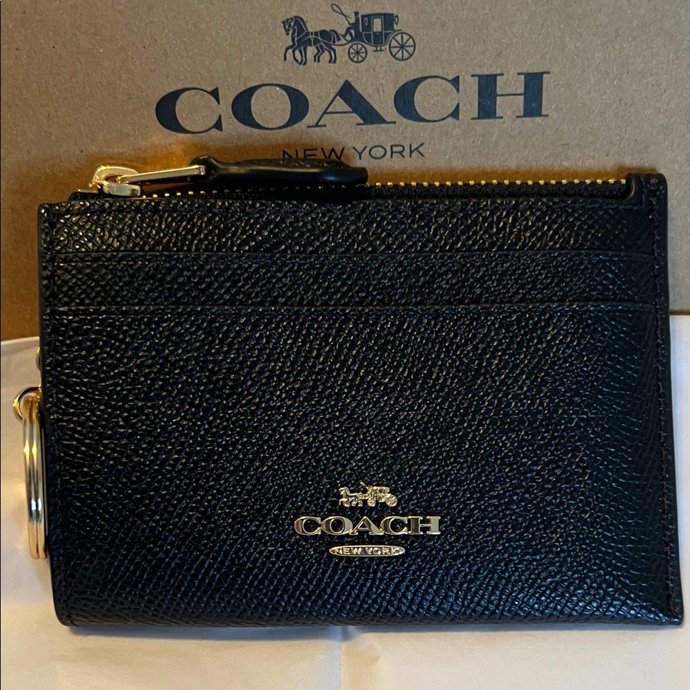 Coach Black Pebbled Leather Zip Card Case with Gold Hardware